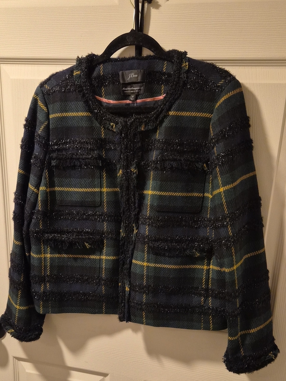 J. Crew Navy, Green & Yellow Plaid Tweed Fringe Jacket